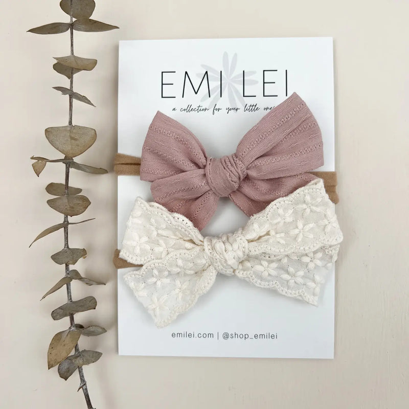 Bow Headband Set - Textured Mauve & Linen Lace