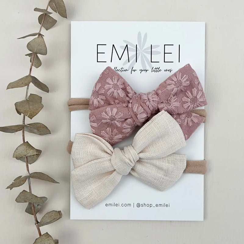 Bow Headband Set - Embroidered Blush/Ivory