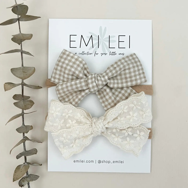 Bow Headband Set - Taupe Mini Chk Linen Lace