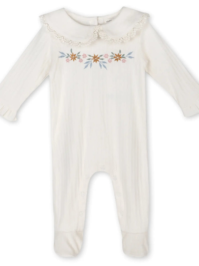 Floral Embroidered Pointelle & Ruffle Baby Footie (Organic)